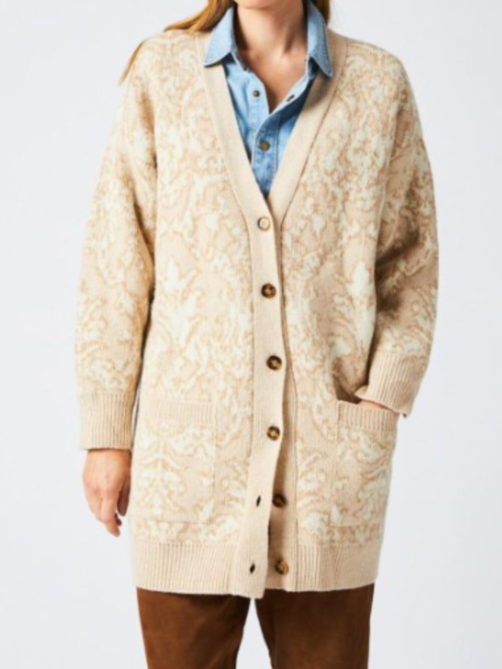 Billy Reid Boyfriend Cardigan Sweater Coat Jacquard Cream Neutral Luxury Large
